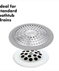 Stainless Steel Bathtub Drain Protector With Hair Catcher on white background, fits standard tub drains, rust-proof design visible