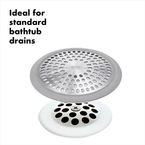 Stainless Steel Bathtub Drain Protector With Hair Catcher on white background, fits standard tub drains, rust-proof design visible