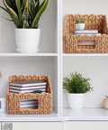 Set Of 2 Scalloped Wicker Storage Baskets With Handles For Food Organization on white shelf with books and plants