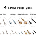 Image showing four screw head types from the All Purpose Self Drilling And Self Tapping Screws Kit For Drywall Metal And Wood Zinc Plated Assortment.