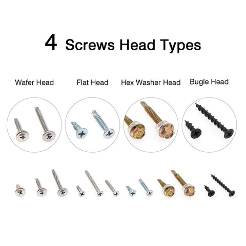 Image showing four screw head types from the All Purpose Self Drilling And Self Tapping Screws Kit For Drywall Metal And Wood Zinc Plated Assortment.