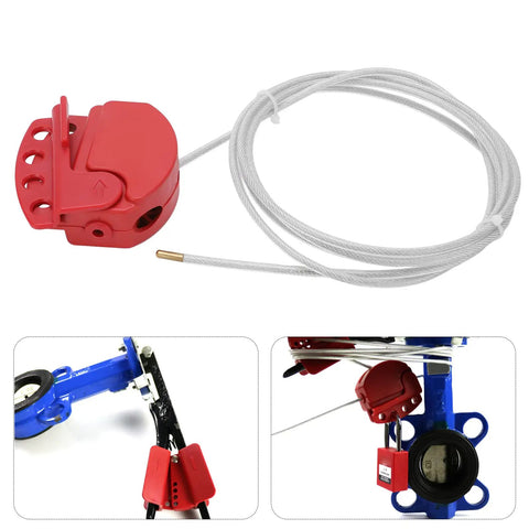 Heavy Duty 1.8M Adjustable Cable Lockout Fits 4 Locks with red housing and steel cable for securing machinery in harsh environments.
