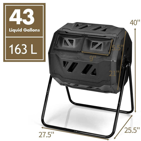 Dual Chamber Outdoor Compost Tumbler With 43 Gallons Capacity 360 Degree Rotating Barrel for fast easy yard waste composting.