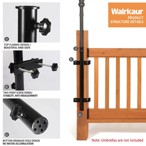 Heavy Duty 304 Stainless Steel Patio Umbrella Holder Fits Up To 2 Inch Umbrella, Deck Railing Mount In Black Weatherproof Outdoor Stand Bracket With Adjustable Fixture showcasing structure details on wooden railing.