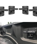 Heavy Duty Truck Bed Tie Down Anchors With Boxlink Cleats And Mounting Plates showing four black steel cleats installed in truck bed.