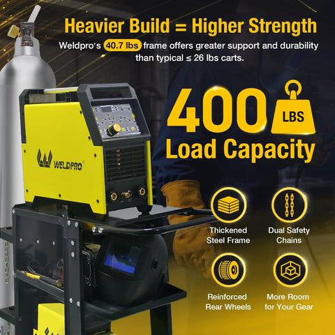 Heavy Duty 3 Tier Welding Cart For MIG TIG Plasma Cutter With 400 Lbs Capacity, showcasing robust steel frame and safety features