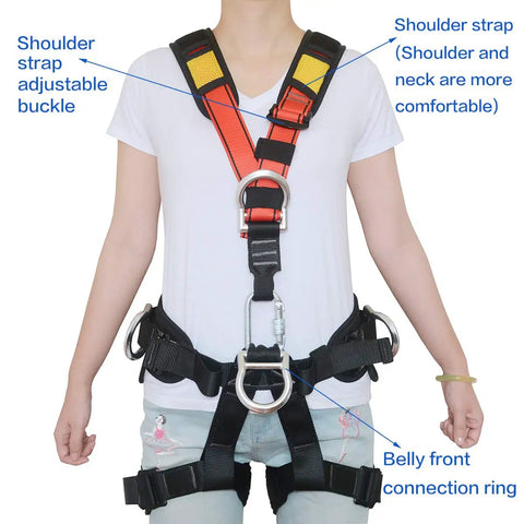 Person wearing Climbing Safety Belt For Outdoor Tree Climbing, Adjustable Quick-Dry Nylon Harness With Sturdy D-Rings, High-Tension Stitching