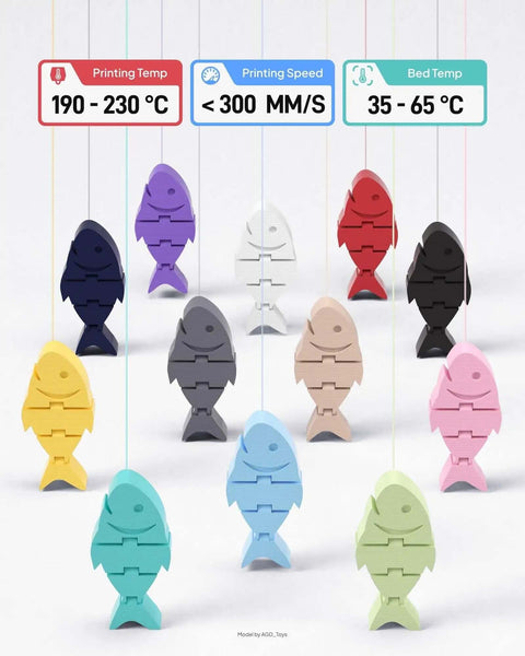 Colorful fish models printed with 1.75mm filament, showcasing printing temp, speed, and bed temp for various PLA filaments.