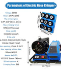 Badass Hydraulic Hose Crimper With Eight Precision Replaceable Dies For High Pressure Pipe Repair And Heavy Machinery Shop Work DC12V Portable Electric Crimping Tool specifications display with dimensions and features.