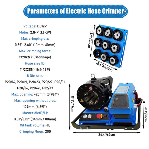 Badass Hydraulic Hose Crimper With Eight Precision Replaceable Dies For High Pressure Pipe Repair And Heavy Machinery Shop Work DC12V Portable Electric Crimping Tool specifications display with dimensions and features.