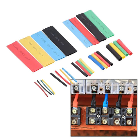 Solid Omabeta 164pc Heat Shrink Tubing Kit Durable Insulation Wrap For Electrical Wire Maintenance Polyolefin Assortment Sizes 1mm To 14mm Perfect For Solder Joints And Wiring Projects, assorted tubes and wired terminal close-up