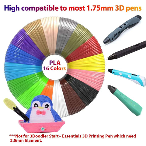 Vibrant 16 Color PLA Filament Pack For 3D Pens 160 Feet Total 10 Feet Per Color displayed with compatible pens.