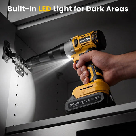 Using Cordless Electric Rivet Gun Kit With 20V Max Battery, Brushless High Torque Riveting Tool to install cabinet hinge with LED light