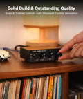 Q4 DAC Headphone Amp For PC And Home Audio Setup With USB Optical Coaxial Inputs, 3.5mm Headphone Output And RCA Speaker Outputs, Plug And Play Desktop Digital To Analog Converter For Richer Music, Gaming, And Movies. black desktop DAC with bass, treble and volume knobs