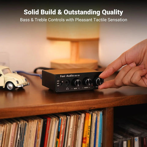 Q4 DAC Headphone Amp For PC And Home Audio Setup With USB Optical Coaxial Inputs, 3.5mm Headphone Output And RCA Speaker Outputs, Plug And Play Desktop Digital To Analog Converter For Richer Music, Gaming, And Movies. black desktop DAC with bass, treble and volume knobs