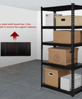 Beefy Heavy Duty Metal 5 Tier Storage Shelves With Adjustable Heights 1650Lb Capacity in garage with cardboard boxes