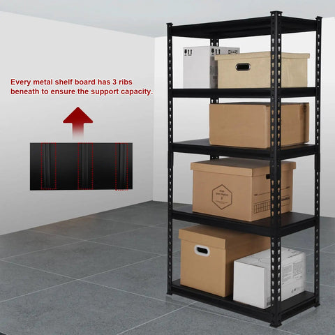 Beefy Heavy Duty Metal 5 Tier Storage Shelves With Adjustable Heights 1650Lb Capacity in garage with cardboard boxes