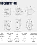 Specification diagram of 32 Amp DC 1200V Solar Disconnect Switch Isolator With IP66 Waterproof Enclosure For Outdoor PV Panel Systems