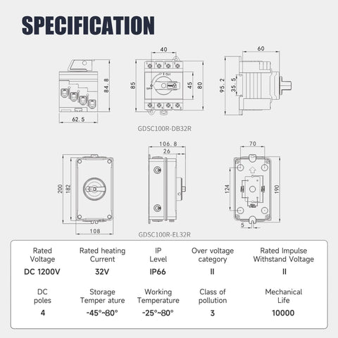 Specification diagram of 32 Amp DC 1200V Solar Disconnect Switch Isolator With IP66 Waterproof Enclosure For Outdoor PV Panel Systems