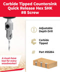 Heavy Duty Top Shelf Countersink Drill Bit 1/4 Quick Release Hex Shank 82 Degree Taper for #8 Screw with carbide tip.