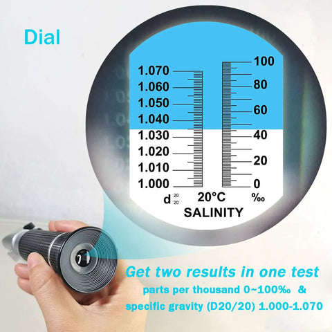 Salinity Refractometer For Seawater And Marine Aquariums With Automatic Temperature Compensation 0-100 PPT Range dial view