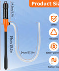 Hassle Free Plug And Play Battery Gas Siphon Pump 2.4 Gpm showing product dimensions for electric fuel transfer and long suction hose.