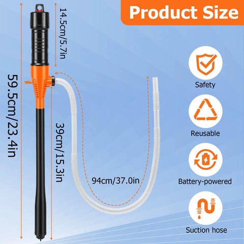 Hassle Free Plug And Play Battery Gas Siphon Pump 2.4 Gpm showing product dimensions for electric fuel transfer and long suction hose.