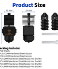 Product size and components of Pro Grade Drop In Multi Size Hotend Kit With 0.2mm 0.4mm 0.6mm 0.8mm Nozzles For A1 Mini And A1 3D Printers