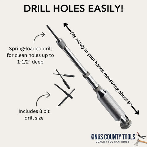 9 Inch Classic Yankee Push Drill Kit With Eight Double Fluted Bits Chrome Plated Brass Hand Drill No Chuck Needed Mini Tool