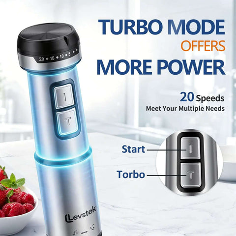 Heavy Duty 1200W Immersion Hand Blender Set With Twenty Adjustable Speeds Plus Rust Proof Stainless Steel Blades controls and turbo feature image.