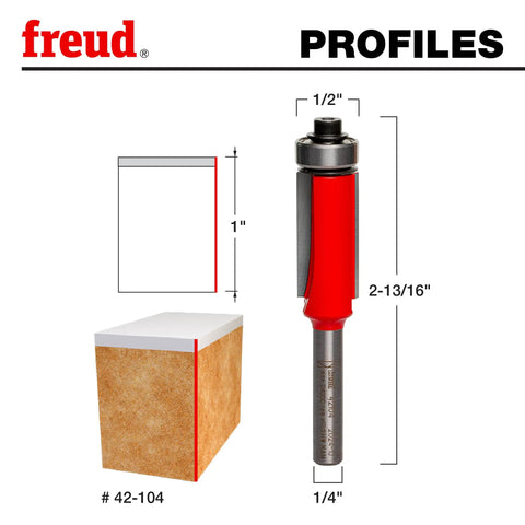 Half Inch Bearing Flush Trim Bit With One Half Inch Cutting Diameter 2 13/16 Inch Overall Length 1/4 Inch Shank Carbide Height One Inch Perma-Shield Coating For Handheld Or Router Table Use shown with dimensions and red coating