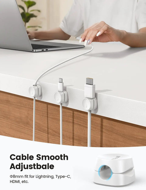 8 Pack Cord Organizer With 1s Spring Lock Cable Clips for desk, cables neatly held with adhesive clips, wire management in use