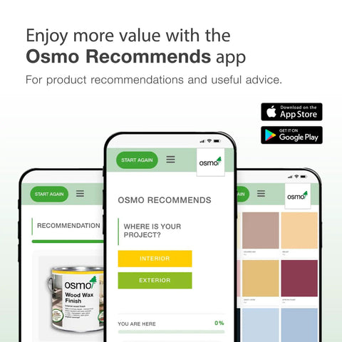 Osmo Recommends app interface with Wood Wax Finish Extra Thin Clear 1101 For Wood Surfaces 0.75 Liter Pro Grade Protective Wax Sealer