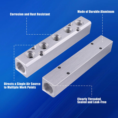 5 Way 7 Port Aluminum Pneumatic Manifold Air Distribution Block With G1/2 Inlet Ports And G1/4 Inch Output silver finish