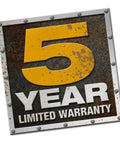 Text reading '5 Year Limited Warranty' in a rugged style on metallic background.
