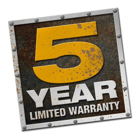 Text reading '5 Year Limited Warranty' in a rugged style on metallic background.