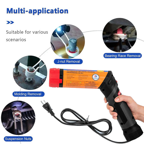 Pro 1100 Watt Induction Bolt Heater Set Features Eight Swappable Coils Plus Rigid Transport Bin For Kicking Rusty Nuts Loose, showing various applications.