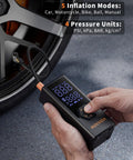 Portable Tire Inflator Air Compressor With 7800mAh Battery, 12V DC Power, 150 PSI in use inflating car tire