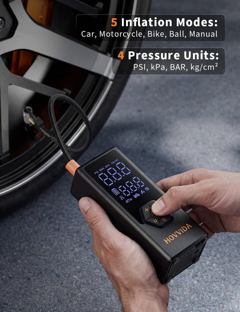 Portable Tire Inflator Air Compressor With 7800mAh Battery, 12V DC Power, 150 PSI in use inflating car tire