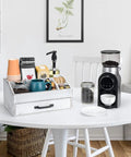 Rustic White Coffee Bar Organizer With Drawer All In One Setup Three Compartments And Deep Storage on kitchen table