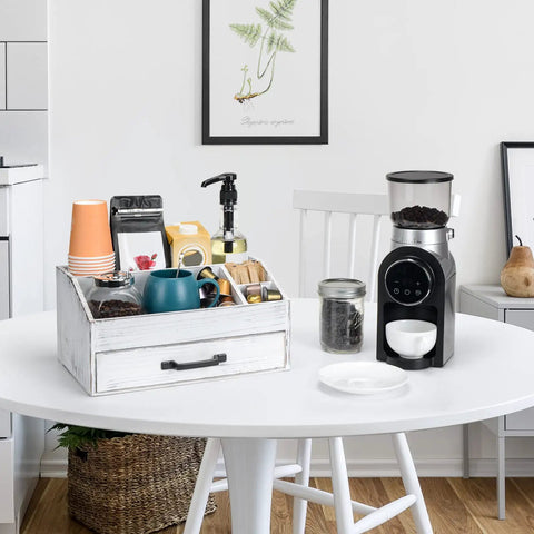 Rustic White Coffee Bar Organizer With Drawer All In One Setup Three Compartments And Deep Storage on kitchen table