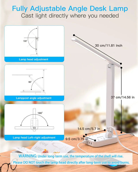 Clean Vibes Led Desk Lamp With Power Strip And 5 Ft Extension Cord showcasing adjustable angles and dimensions for optimal lighting.