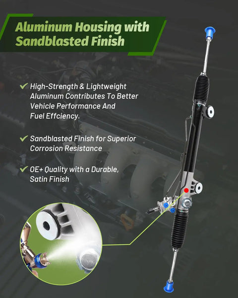 Hydraulic Power Steering Rack And Pinion Assembly For 2WD Front Steering Replacement For 1999 2006 Chevrolet Silverado 1500 And 1999 2006 GMC Sierra 1500 2WD with aluminum housing and sandblasted finish.