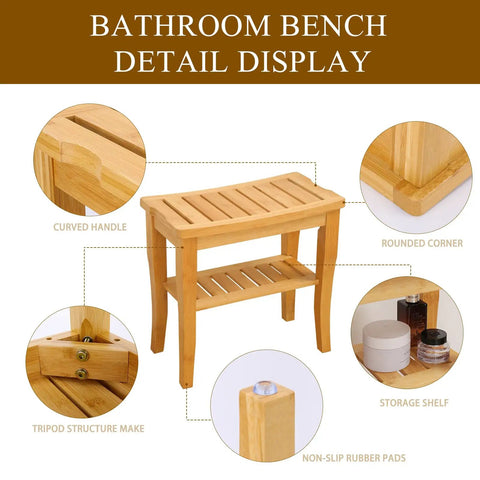 19 Inch Bamboo Shower Bench With Storage Shelf, non-slip feet and beige finish, featuring curved handle and rounded corners.