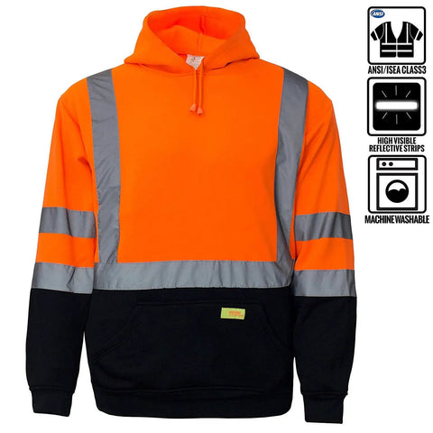 Hi Vis High Visibility ANSI Class 3 Sweatshirt Hooded Pullover For Men With Knit Lining Orange Large Workwear with Reflective Strips