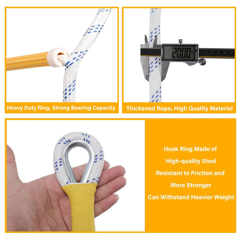 Close-up details of Emergency Fire Escape Rope Ladder 32 Feet, featuring hooks and rope material with a load test.
