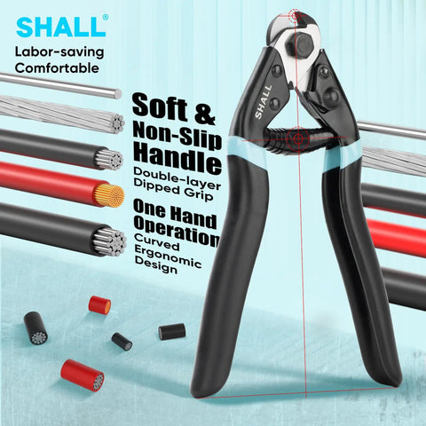 Heavy Duty Cable Cutter Seven And A Half Inch For Wire Rope And Aircraft Cables with ergonomic handle and wire samples.