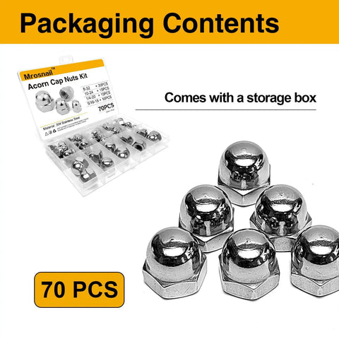 Acorn Nut Kit 70 Piece Stainless Steel Dome Head Hex Cap Nuts Set with packaging shown, ideal for indoor and outdoor DIY projects