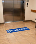 Five Piece Please Wait Here Floor Sign Kit 26 By 6 Inches Self Adhesive Waterproof Vinyl on lobby tile near elevator