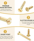 Brass Slotted Flat Head Wood Screws M4 x 30mm Self-Tapping For Indoor Furniture Appliances And Woodworking No-Fuss Quick Fix For Cabinets DIY Projects Fences And Home Improvement Pack Of 12 displayed with premium brass material, slotted round head, and sharp point features.